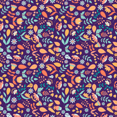 Floral seamless pattern with doodle flowers and leaves. Vector blooming floral texture for card, wrapping paper, invitation, card, wedding, surface or pajama pattern. Gentle autumn vector background.