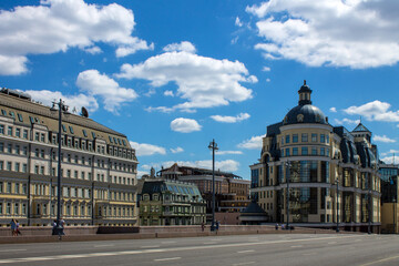 panoramic view of Balchug street in the historical center of the city from the Bolshoy Moskvoretsky bridge on a summer Sunny day and space for copying Moscow Russia