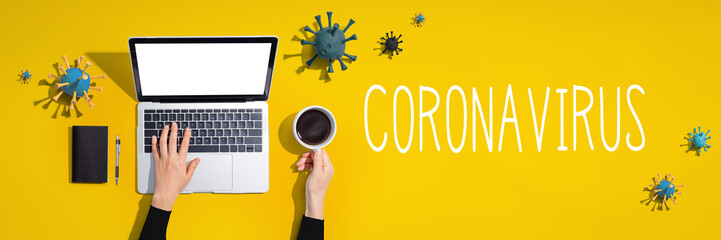Coronavirus theme with laptop computer with viruses