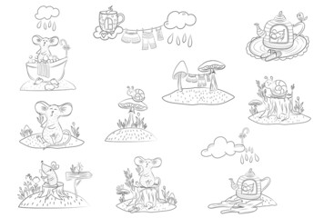 Coloring page. Cartoon cute mouse and snail on a stump illustration. Childish design for kids activity colouring book about mice, snail, forest. Colorless illustration for book cover. Freehand sketch.