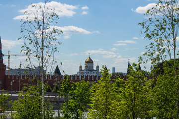 Panoramic view of the historical center of Moscow Russia and the Cathedral of Christ the Saviour on a clear summer day against a blue sky and space for copying