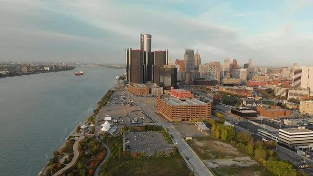 Rotating Morning Aerial Shot Detroit River Downtown Freighter