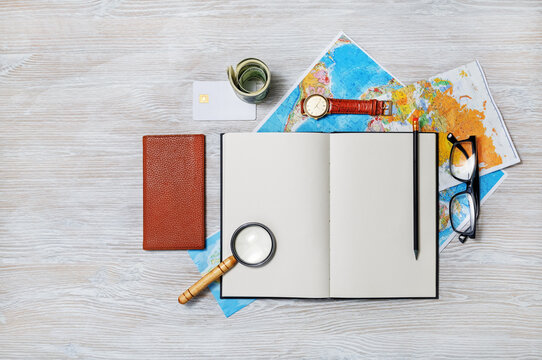 Planning vacation trip. Traveler's accessories. Preparation for travel. Top view. Flat lay. - Powered by Adobe