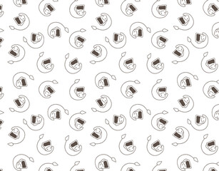 Hand drawn simple style seamless pattern of tea bags. Funny smiling breakfast cartoon characters background.
