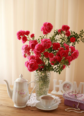 summer morning with the scent of roses and tea with milk