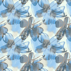 Fototapeta na wymiar Brush Strokes Seamless Pattern with Floral Elements. Hand Painted Background. Acrylic Illustration.
