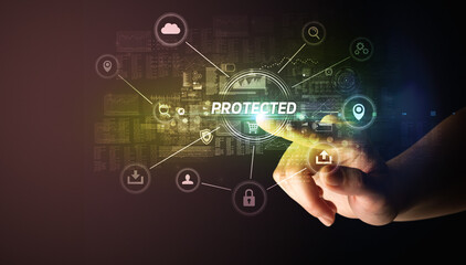 Fototapeta premium Hand touching PROTECTED inscription, Cybersecurity concept