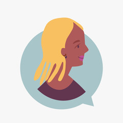 Black woman in speak bubble. Chatting symbol for an indian girl. Female profile avatar. Lady symbol for network. Face of young person for user. Social media vector illustration. 