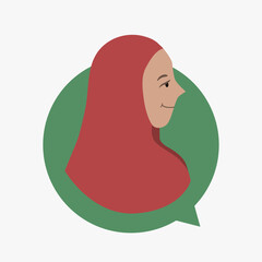 Muslim woman in speak bubble, chatting symbol for islamic girl.  Female profile avatar in hijab. Lady symbol for network. Face of young arabian person for user. Social media vector illustration. 