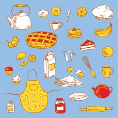 Collection of kitchen utensils and food, hand-drawn.