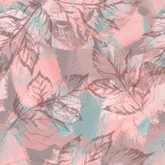 Seamless Pattern of Sketched Leaves. Hand Drawn Illustration on Acrylic Abstract Background.
