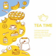 Kitchen drawings collection, tea time, hand-drawn.