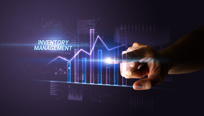 Hand touching INVENTORY MANAGEMENT button, business concept