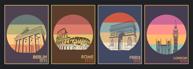 European Attractions, Capitals Showplaces Poster Set, Berlin, Rome, London, Paris Vintage Tourism Illustrations © koyash07