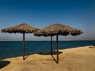 umbrellas on the beach made by palm leaves