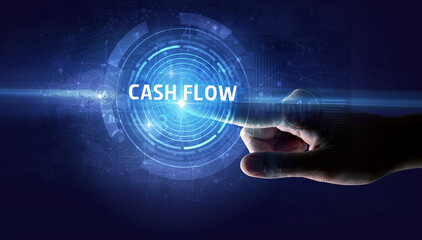 Hand touching CASH FLOW button, modern business technology concept