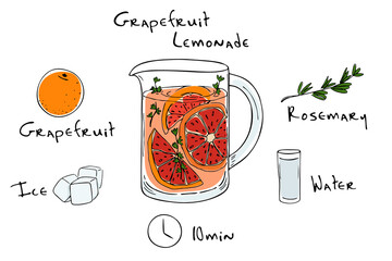 Recipe lemonade detox cocktail with rosemary, grapefruit. Vector illustration for greeting cards, magazine, cafe and restaurant menu. Fresh lemonade for healthy life, diets.