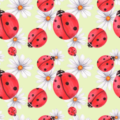 Watercolor seamless pattern with ladybugs. Against the background of daisies, leaves and dew.