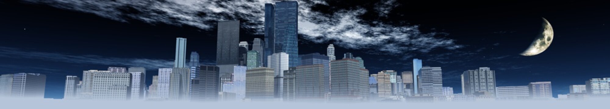 Panorama of the night city, illustration banner, 3D rendering