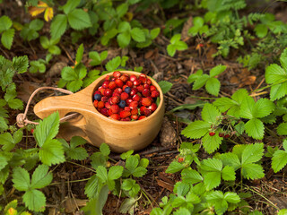 Tasty wild strawberries in the wooden cup.
