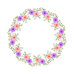 Floral round frame from cute flowers. Vector greeting card template. Design artwork for the poster, tee shirt, pillow, home decor. Summer flowers with green leaves.