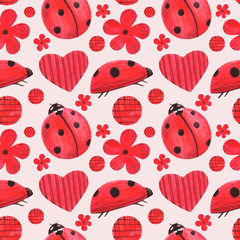 Watercolor seamless pattern with ladybugs. Against the background of daisies, leaves and dew.