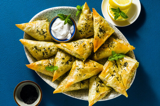 indian samosa made with phyllo with spicy potatoes and vegetables , served with yogurt, mint and lemon on a blue background