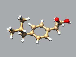 Structure of ibuprofen, a 3D ball-and-stick model, gray background