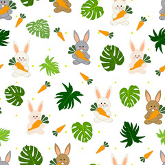 Bunny white, gray and brown, with green tropical leaves and carrots background