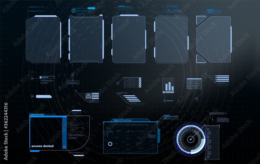 Poster HUD, UI, GUI futuristic frame user interface screen elements set. Set with call outs communication. Abstract control panel layout design. Virtual hi Scifi technology gadget interface for game app