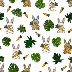 Bunny black outline cartoon illustration, gray, white and brown, with green tropical leaves and carrots background	
