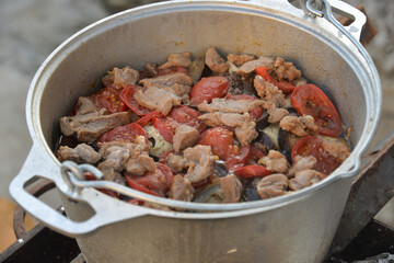 skewers of meat and fish in a cauldron or on a grill eco friendly cooking