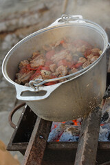 skewers of meat and fish in a cauldron or on a grill eco friendly cooking