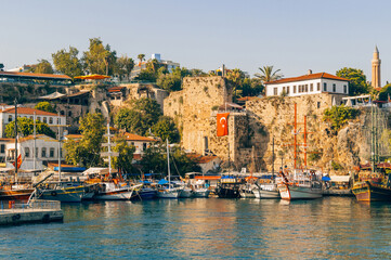 Fototapeta na wymiar View of the port in the old town of Antalya or Kaleici in Turkey. 