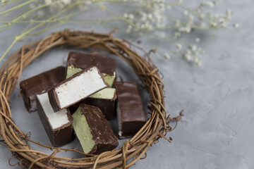 Candy souffle bird milk on the table
