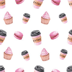 watercolor coffee and pink cupcakes seamless pattern on white background for fabric, scrapbooking, textile, napkins, wrapping