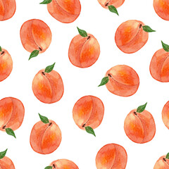 watercolor peach seamless pattern on white background. Fruity print for fabric, textile, scrapbooking, wrapping 