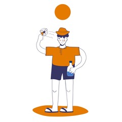 man uses a mini fan and holds water in his hand, protection from heat and heat shock. Vector illustration with blue outline in cartoon hand-drawn style