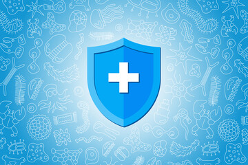 Immunity hygienic medical prevention blue shield protecting from virus germs and bacteria. Immune system concept. Microbiology and medicine flat vector illustration banner design