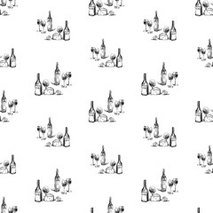 Seamless pattern of sketches wine bottles, glasses,cheese and lemon