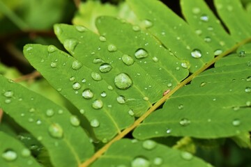 Krople deszczu rosy na liściu paproci