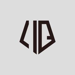 I Q black pentagon initials with a gray background