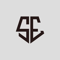 S E black pentagon initials with a gray background