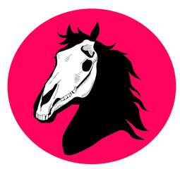 A silhouette of a horse head with white skull and pink circle on the background