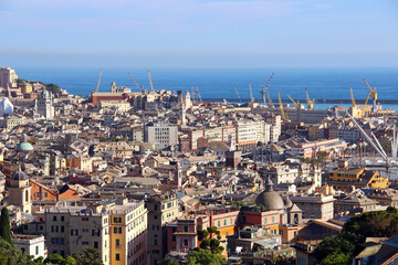 Aerial view of Genoa historic center and port