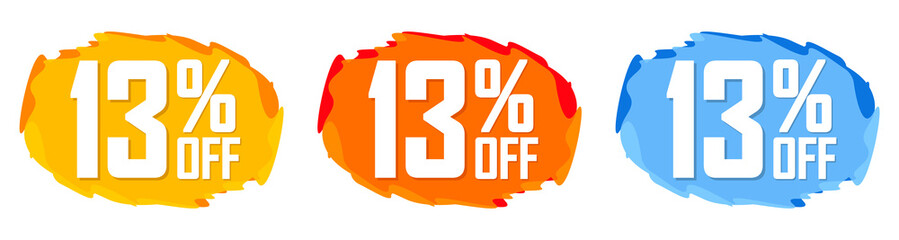 Set Sale 13% off bubble banners, discount tags design template, vector illustration