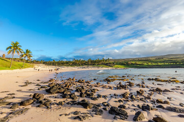 Fototapeta na wymiar Anakena Beach on Easter Island, Rapa Nui in Chile