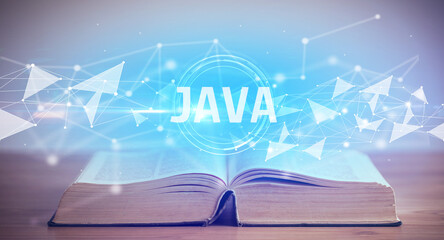 Open book with JAVA abbreviation, modern technology concept