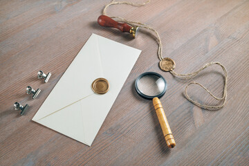 Vintage postal stationery. Blank envelope, sealing wax, stamp and magnifier on wooden background....