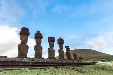 Anakena Beach on Easter Island or Rapa Nui in Chile. Moai at Ahu Nua Nua.